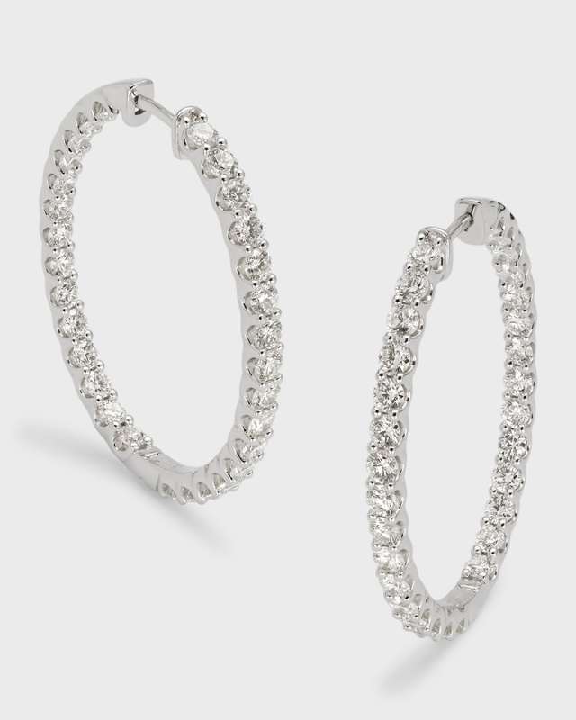 18K White Gold Round Diamond Hoop Earrings, 4.0tcw, 1.38" L x 0.11"W